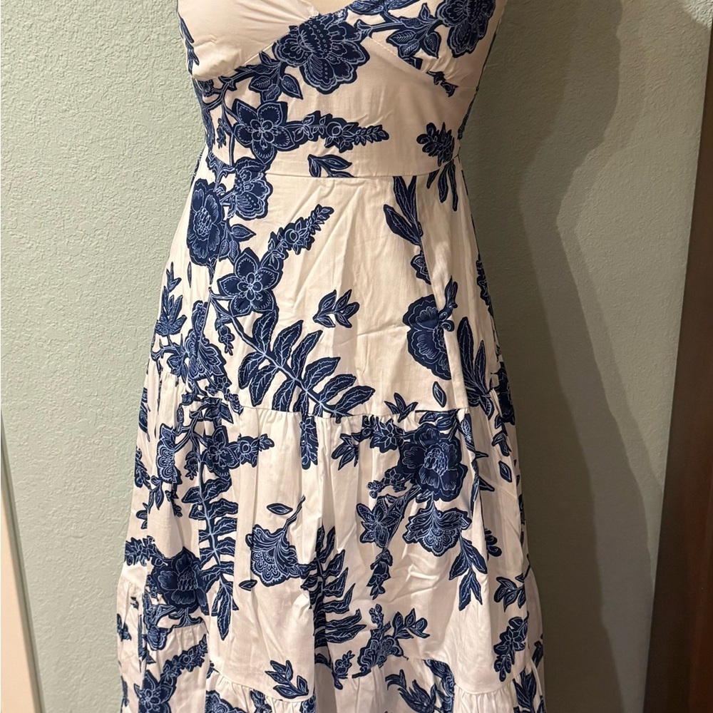Moon River Spaghetti Strap Dress with Blue Floral Design